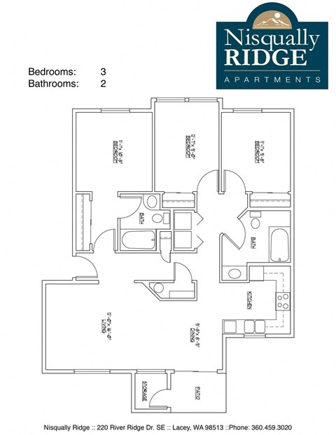 Floor plan for 3 beds, 2 baths, 1057 sqft
